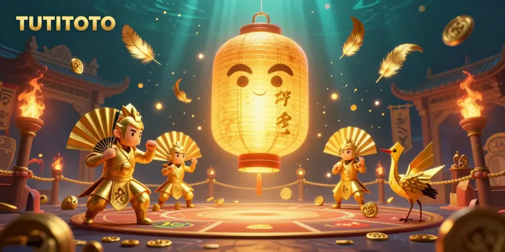 TUTITOTO's vibrant 3D illustration showcases a golden lantern spirit above a bustling casino scene.