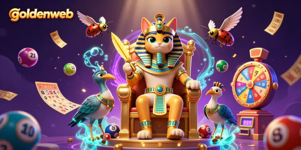 Memenangkan permainan dengan goldenweb, kucing pharaoh dan bola lotre berwarna cerah dalam ilustrasi perjudian yang meriah.