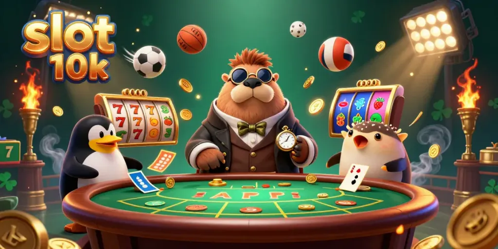 Mainkan slot 10k dengan tampilan 3D ceria menyenangkan, menampilkan karakter unik di meja judi.