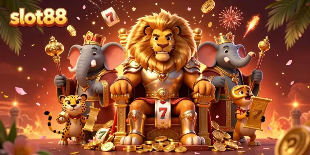 Experience thrilling slot88 gameplay with a majestic lion king, wise elephant, and swift cheetah in a vibrant 3D casino scene.