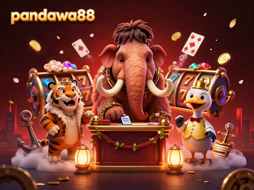 Gambarkan momen seru pandawa88 dengan bouncer mamut mengawasi di kasino yang ramai.