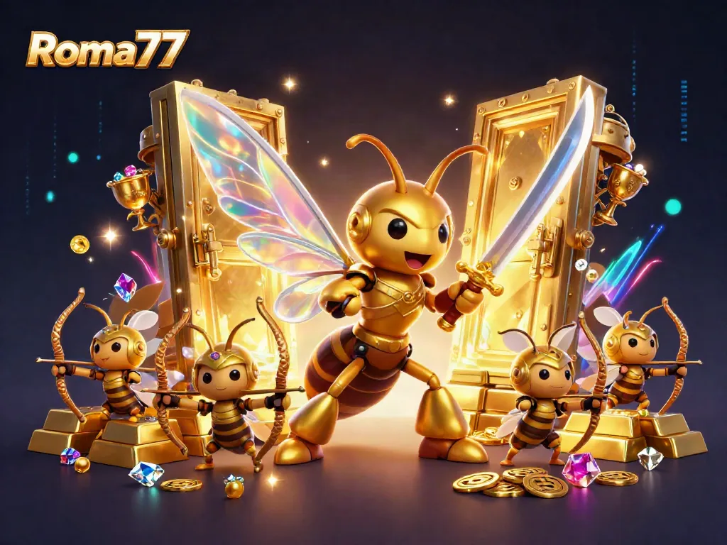 Engage with the vibrant world of Roma77 showcasing dynamic online slot elements and exciting gaming action.