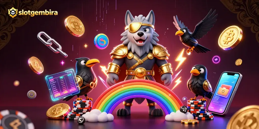 Engage with slotgembira through a vibrant 3D casino scene with Odin and ravens.