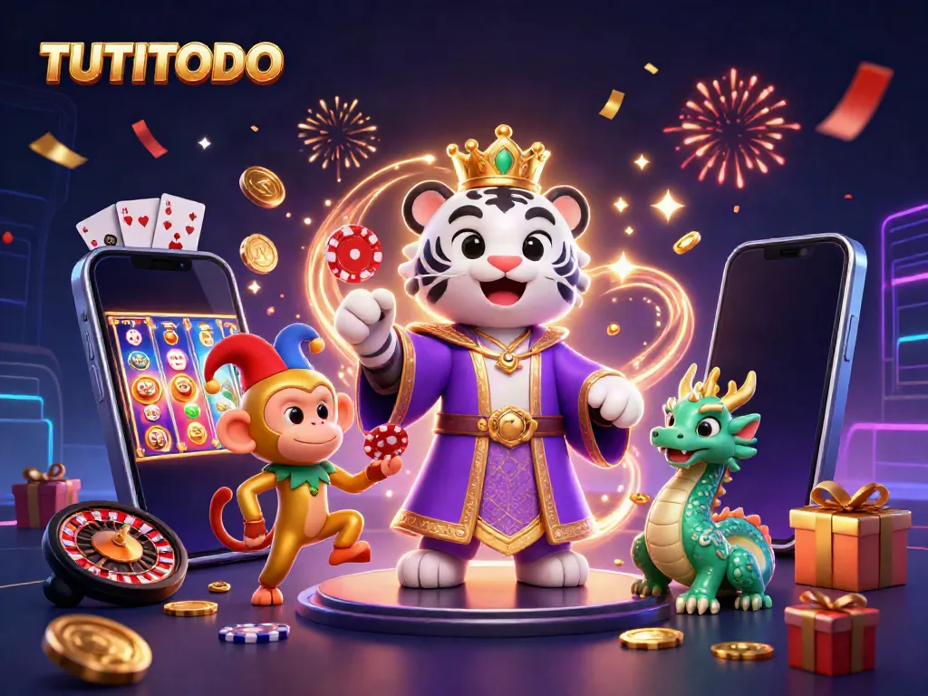 TUTITOTO brings excitement with a royal tiger, jester monkey, and jade dragon in a vibrant casino scene.