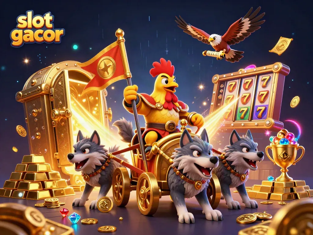 Experience the excitement of slot gacor with a dynamic illustration of a rooster warlord commandeering a chariot amidst treasure.