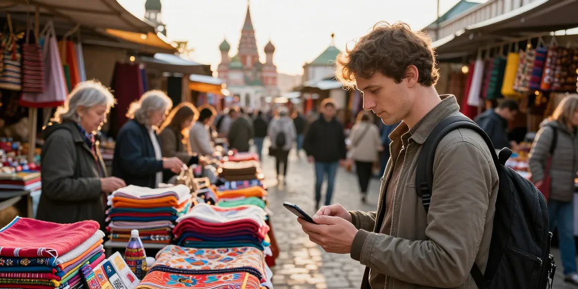 Pembayaran mudah di pasar dengan https://payinrussia.com/ menggunakan aplikasi, suasana ramai dan berwarna-warni.