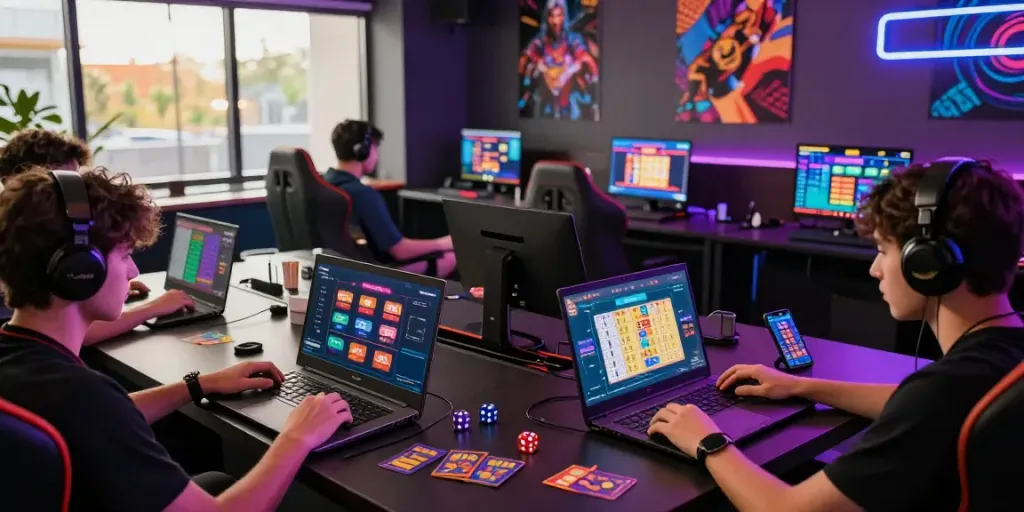 Diverse players enjoying seributoto online gaming on laptops and mobile devices in a vibrant, modern interior.