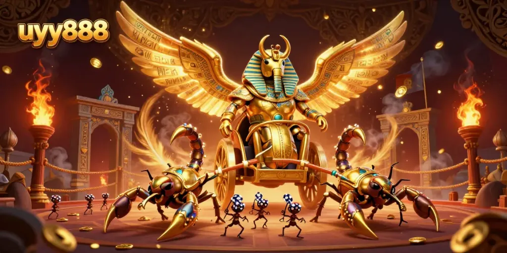 Engage with uyy888's vibrant casino atmosphere featuring a golden scarab chariot scene.