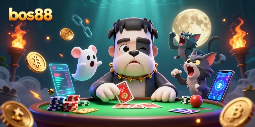 Engage in thrilling gaming with bos88 at a vibrant casino scene featuring unique characters and crypto elements.