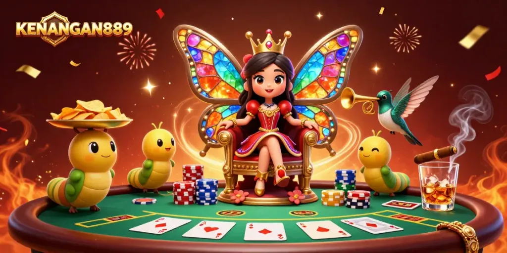 Engage with KENANGAN889 at a vivid casino scene featuring a butterfly queen and poker elements.