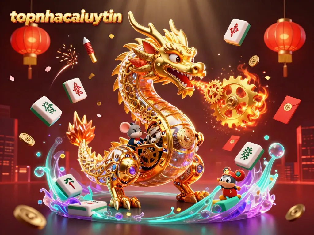 Engage with the thrilling online casino experience of topnhacaiuytin featuring a mechanical dragon and vibrant game elements.