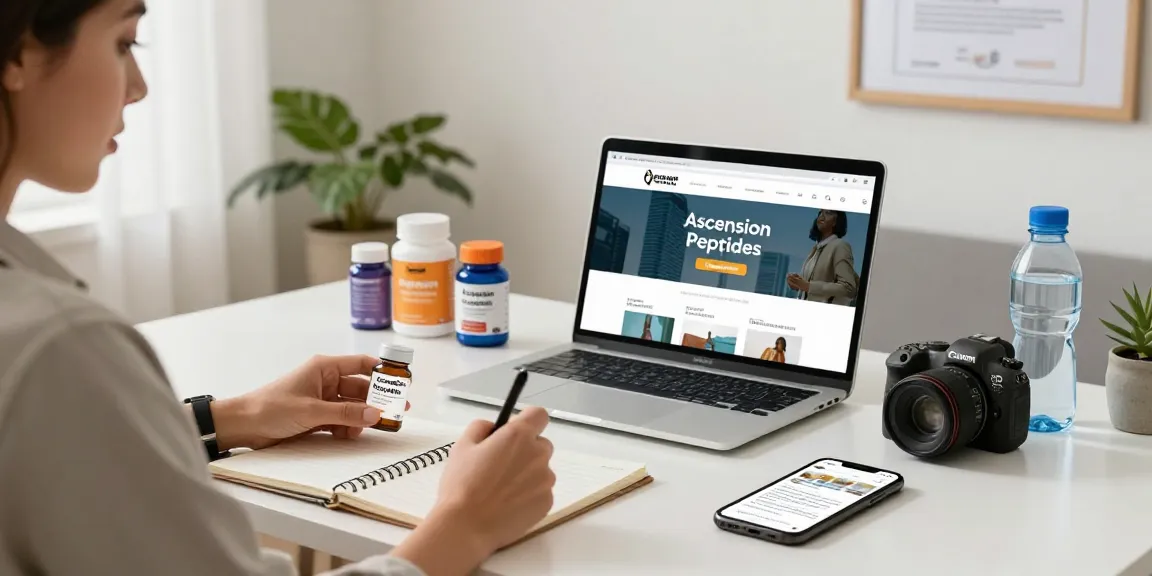 Ascension Peptides Review with an individual evaluating products in a bright home office.