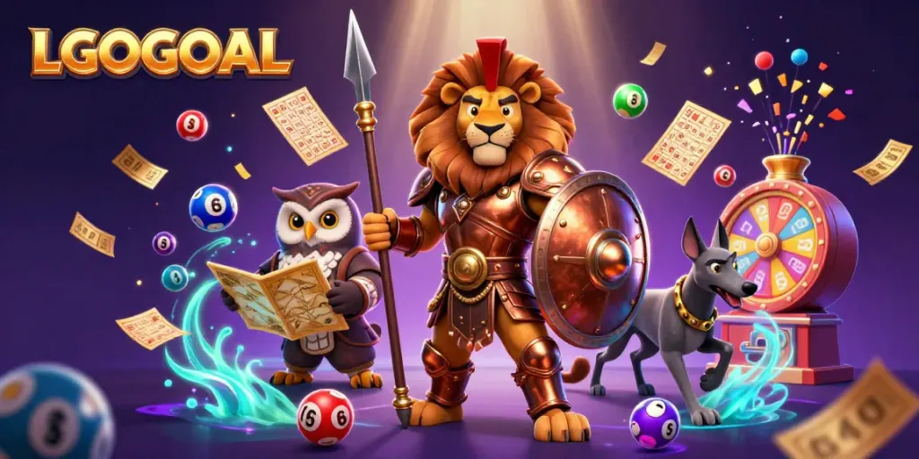 Experience thrilling games on LGOGOAL with a vibrant illustration of a Spartan lion, owl strategist, and greyhound amidst festive casino elements.