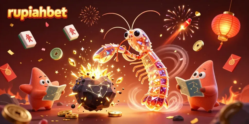 Experience the excitement of rupiahbet with cartoon samurai shrimp and vibrant casino elements.