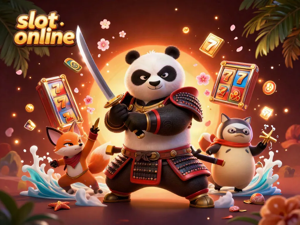 Engage with vibrant slot online gaming, featuring characters amid spinning reels and golden shuriken.