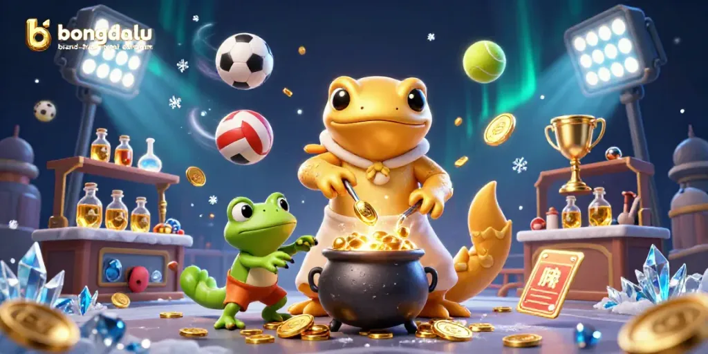 The bongdalu logo artwork showcasing a golden salamander and frog alchemist in action within a vibrant laboratory.