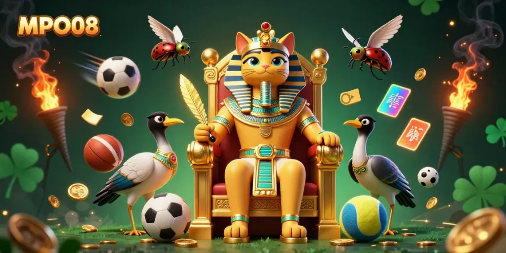 MPO08 promotes fast winnings with a dynamic view of sports elements and a pharaoh cat in a casino scene.