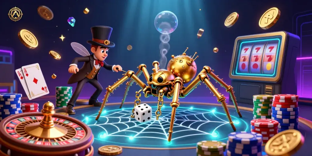 NAGAHOKI303 presents an engaging scene with a steampunk spider and a fly gentleman amidst a vibrant casino atmosphere of golden coins and poker chips.
