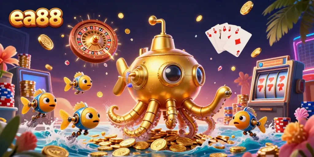 Enhance your ea88 gaming experience with a vibrant 3D casino scene filled with gold.