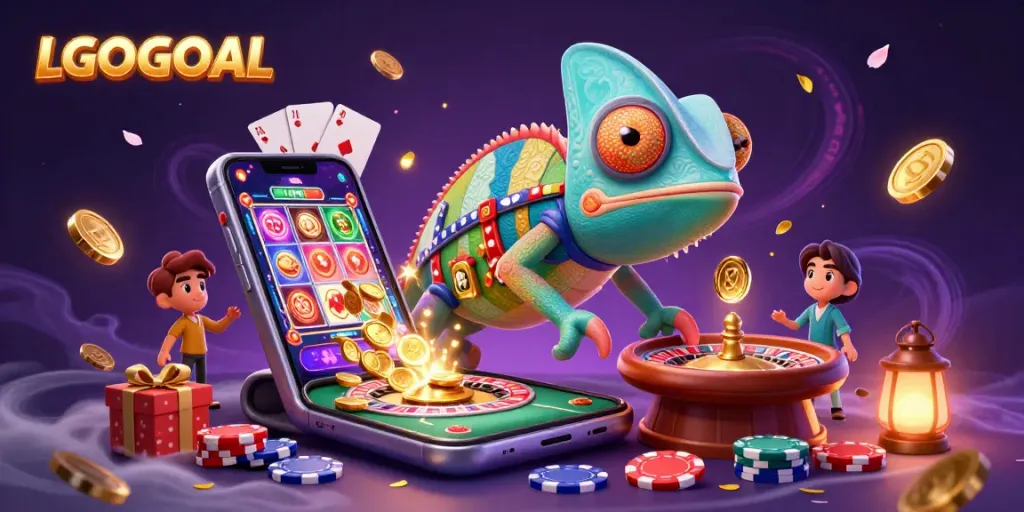 Engage with LGOGOAL's vibrant chameleon casino owner amidst colorful slot games and a lively atmosphere.