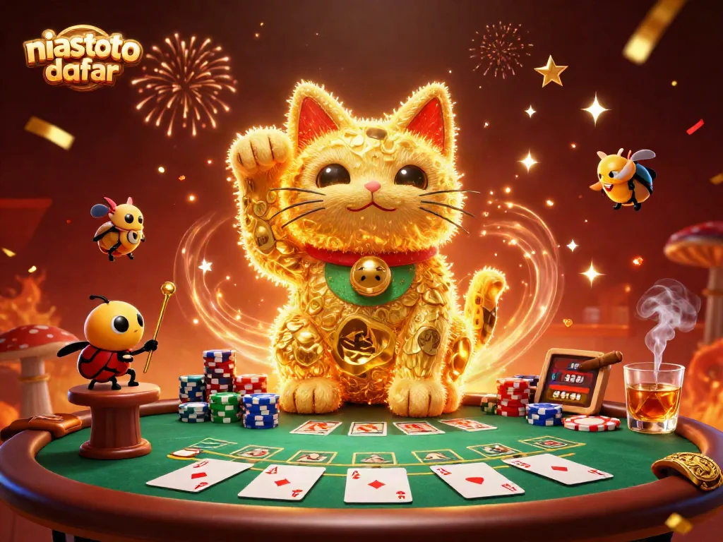 Visualisasi "niastoto daftar" dengan kucing keberuntungan yang digerakkan serangga pengatur di kasino.