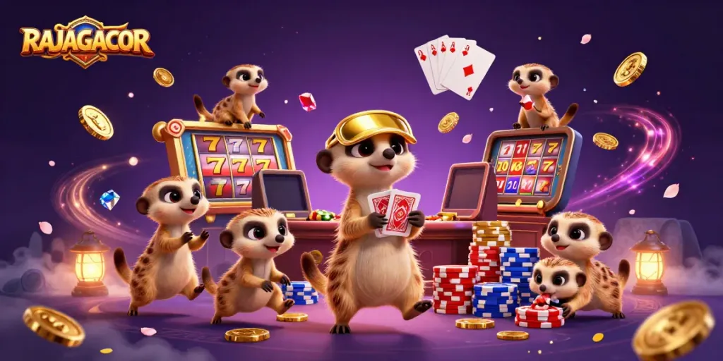 RAJAGACOR menunjukkan suasana kasino dengan meerkat, permainan slot, dan tumpukan chip warna-warni.