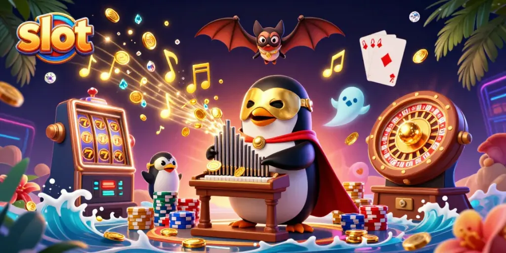 Permainan slot seru dengan karakter penguin dan kelelawar, menampilkan koin emas serta simbol keberuntungan.
