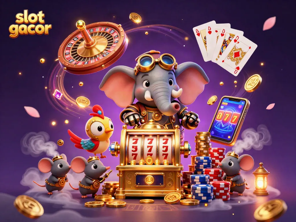 Experience the magic of slot gacor with a steampunk elephant engineer at a bustling casino.