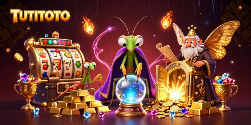 TUTITOTO brings luck with a magical scene of a fortune teller, moth librarian, and vibrant casino elements.