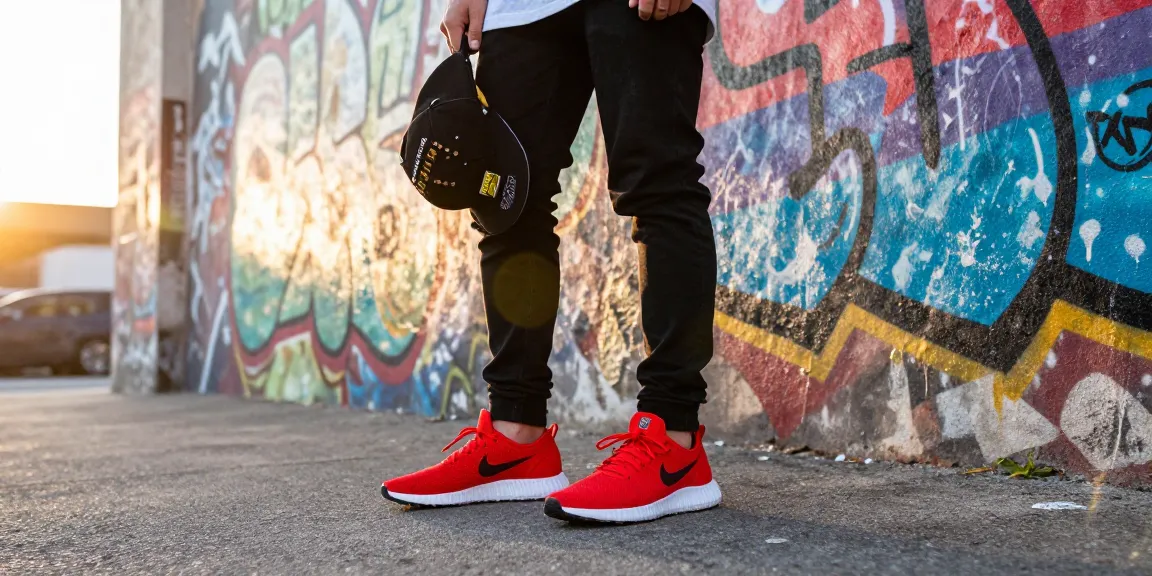Gaya hidup urban dengan sepatu Nike x NOCTA Glide - Bright Crimson yang trendi dalam suasana ceria dan penuh warna.