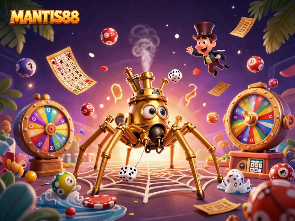 Catch the excitement with MANTIS88 in a golden web of luck and vibrant casino elements.