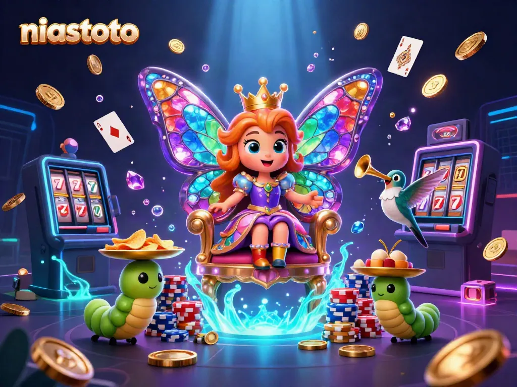 Experience niastoto's vibrant gaming scene with a dynamic 3D illustration of a butterfly queen and casino elements.