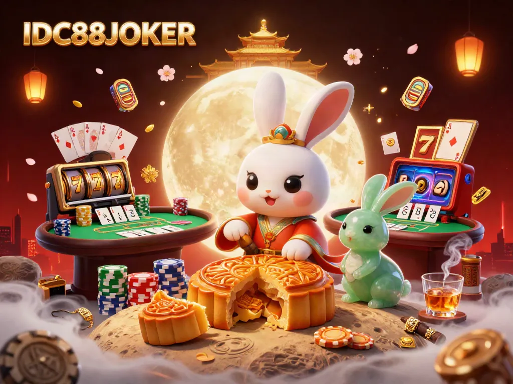 Engage with a vibrant scene at IDC88JOKER featuring the moon rabbit crafting golden mooncakes full of poker chips on the lunar surface.
