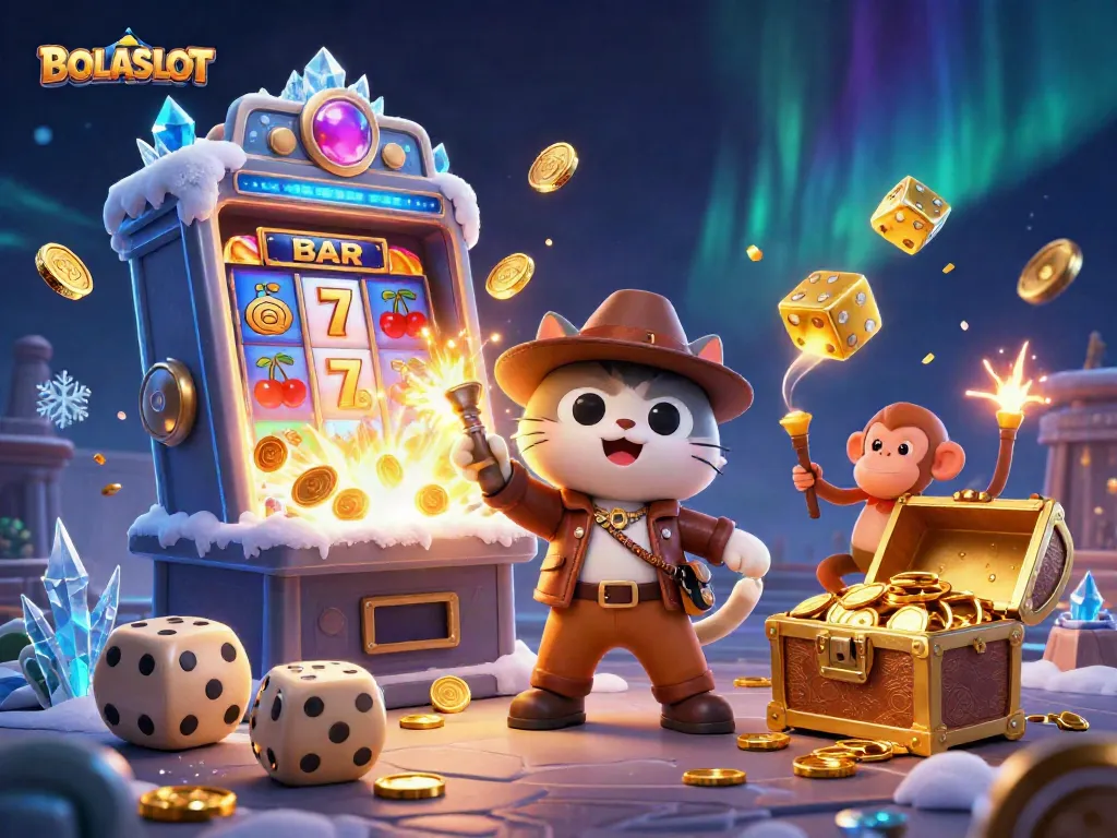 Engage with BOLASLOT's exciting adventures in a dynamic casino-themed illustration.