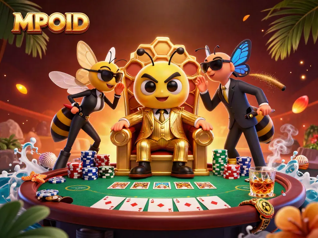 MPOID poker scene showing a bumblebee mob boss with poker elements, vivid and dynamic