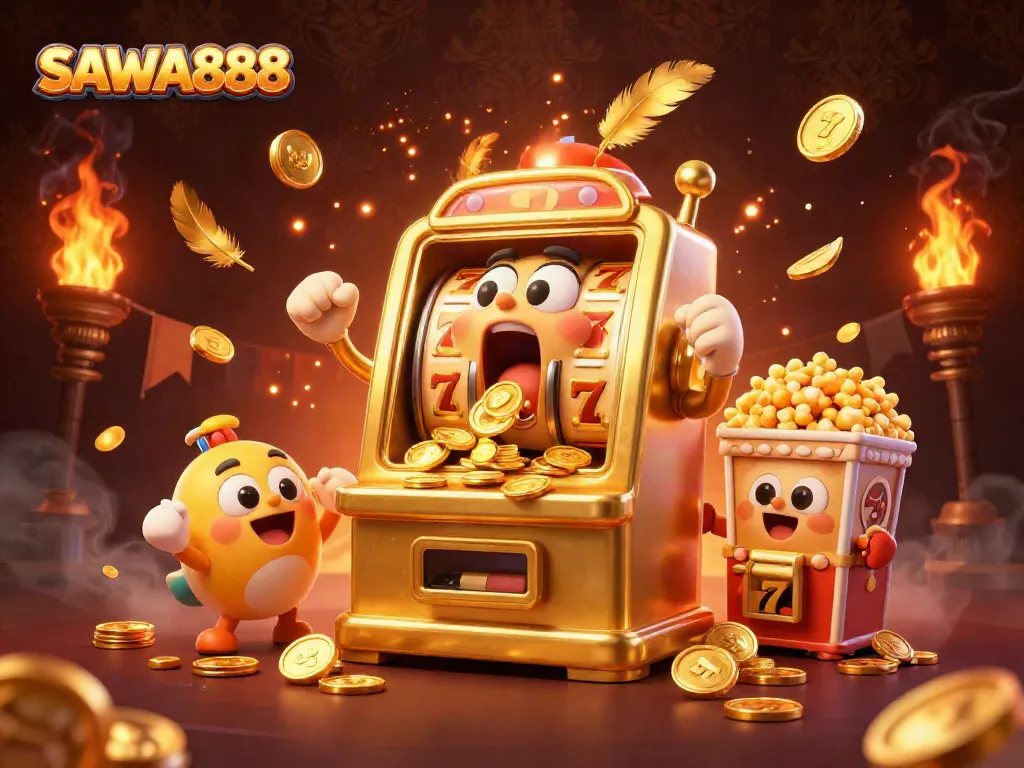 Experience excitement at SAWA888 with a joyous jackpot moment featuring colorful slot machines and dynamic casino elements.