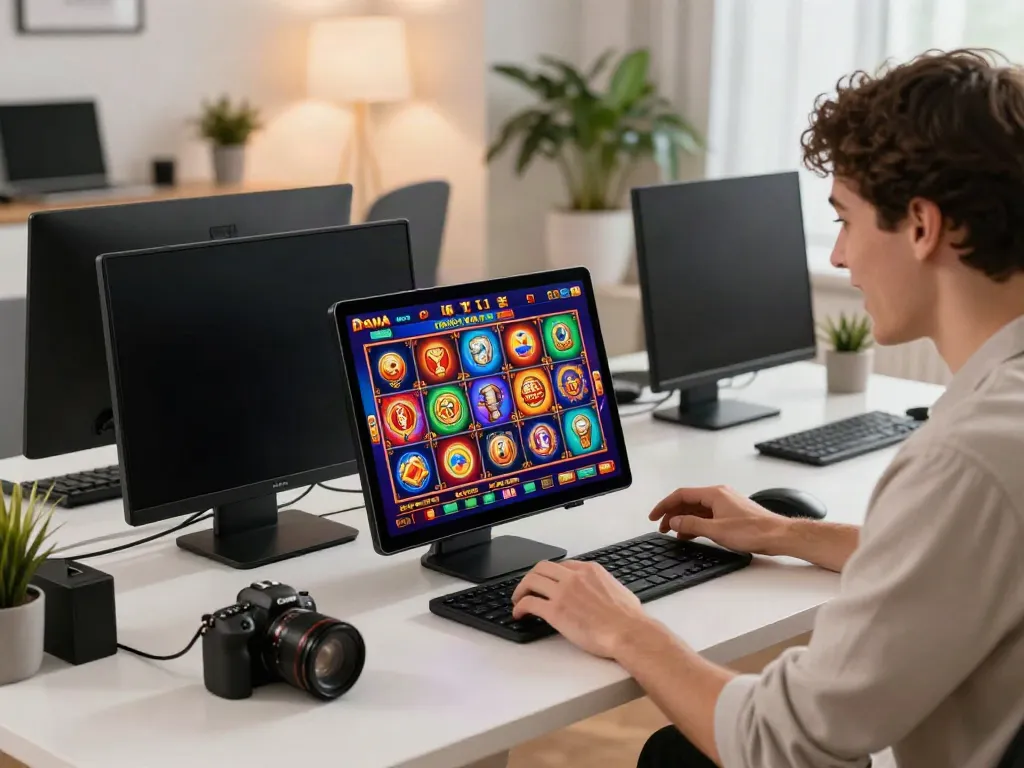 A young adult enthusiastically playing slot dana game on a smartphone in a modern home office setting.