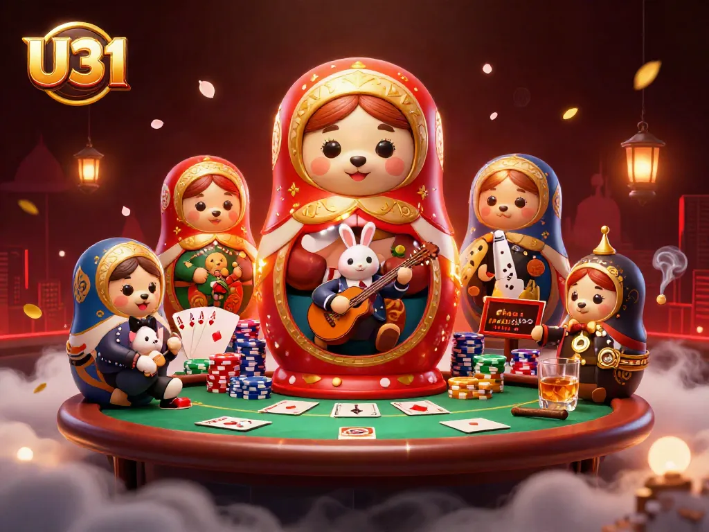 Spin the reels at U31 online casino with vibrant 3D illustrations of casino bears and poker elements.