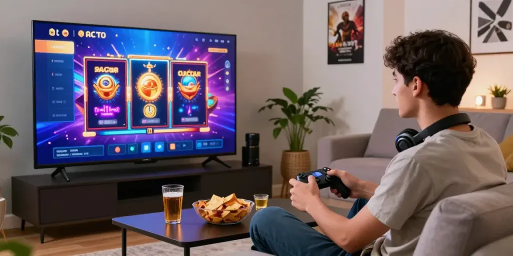 Engaging home gaming scene featuring a player enjoying slot gacor on a large screen with vibrant graphics.