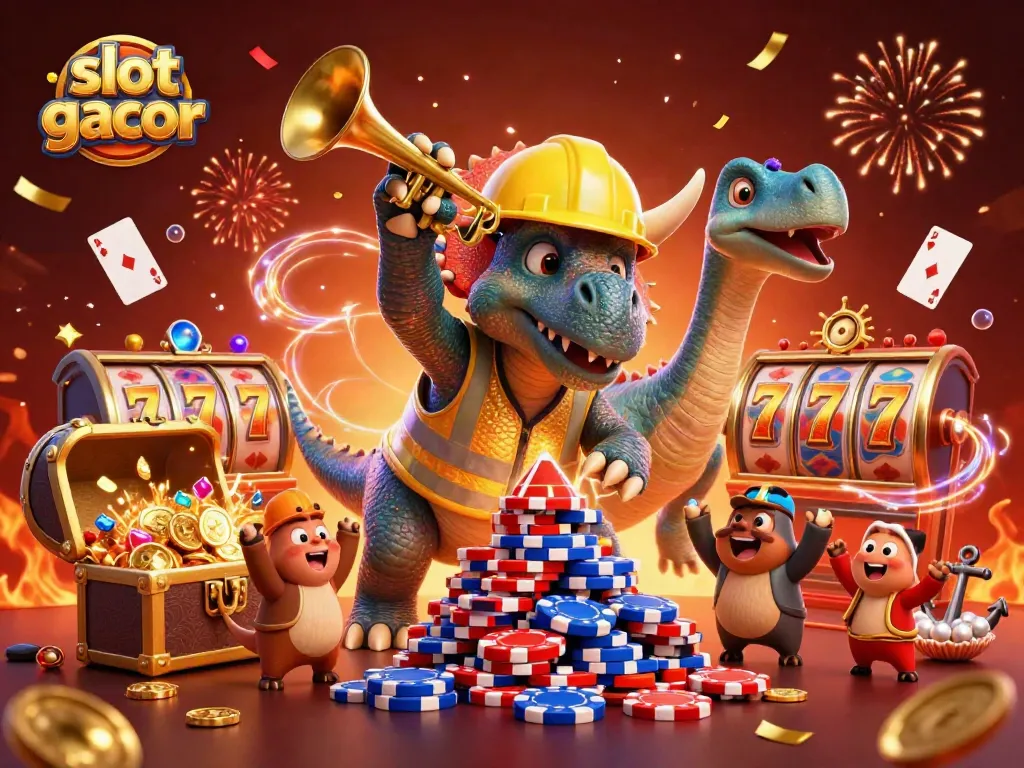 Slot gacor dimainkan dengan semangat, dikelilingi tumpukan chip poker, harta karun, dan kartu mengapung.