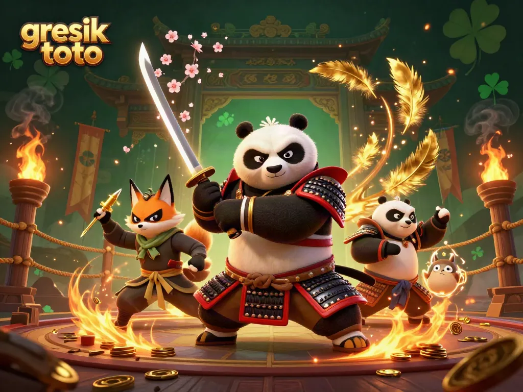 Permainan gresik toto dalam ilustrasi 3D yang menampilkan karakter panda samurai dan ninja rubah.