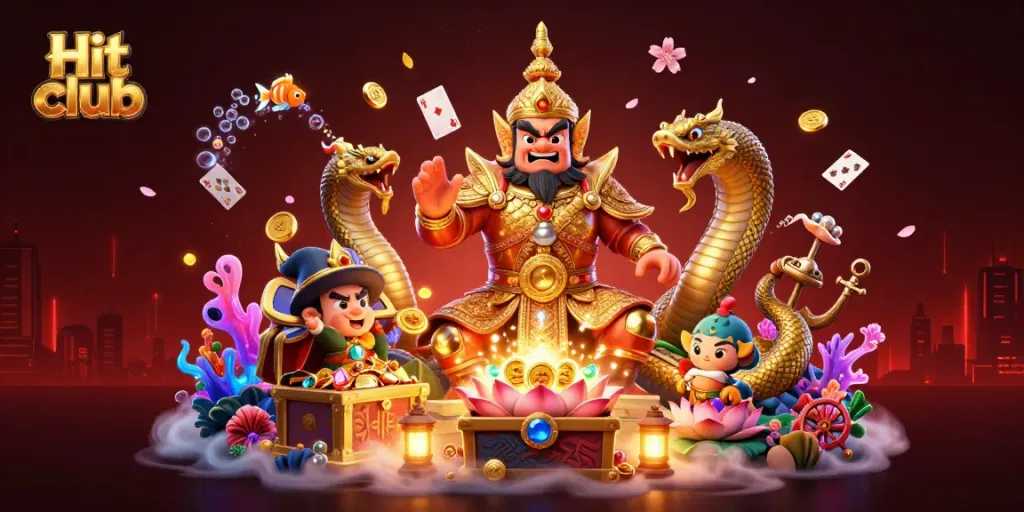 Experience the excitement of Hit club with vibrant 3D characters, gold coins, and casino elements in a dynamic scene.