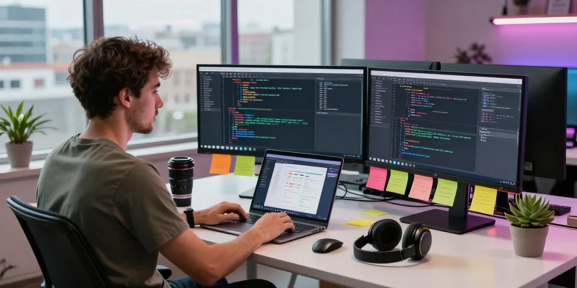 Pengembang perangkat lunak Sga33 bekerja di ruang kerja modern dengan monitor dan alat pengkodean.