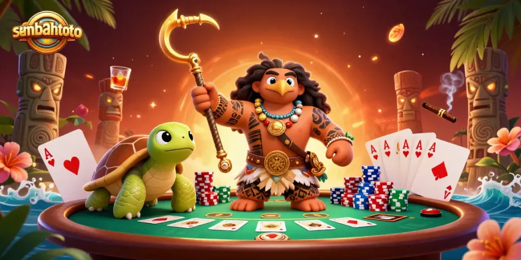 Engage with sembahtoto in a vibrant poker scene featuring characters and gaming elements.