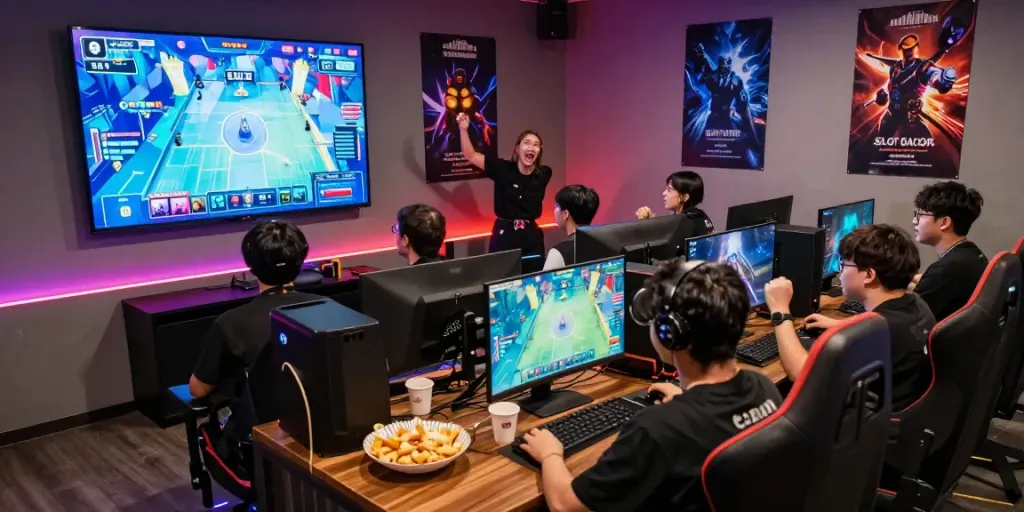 SLOT GACOR: Pemain bersemangat dalam turnamen game online, suasana meriah dengan pencahayaan LED.