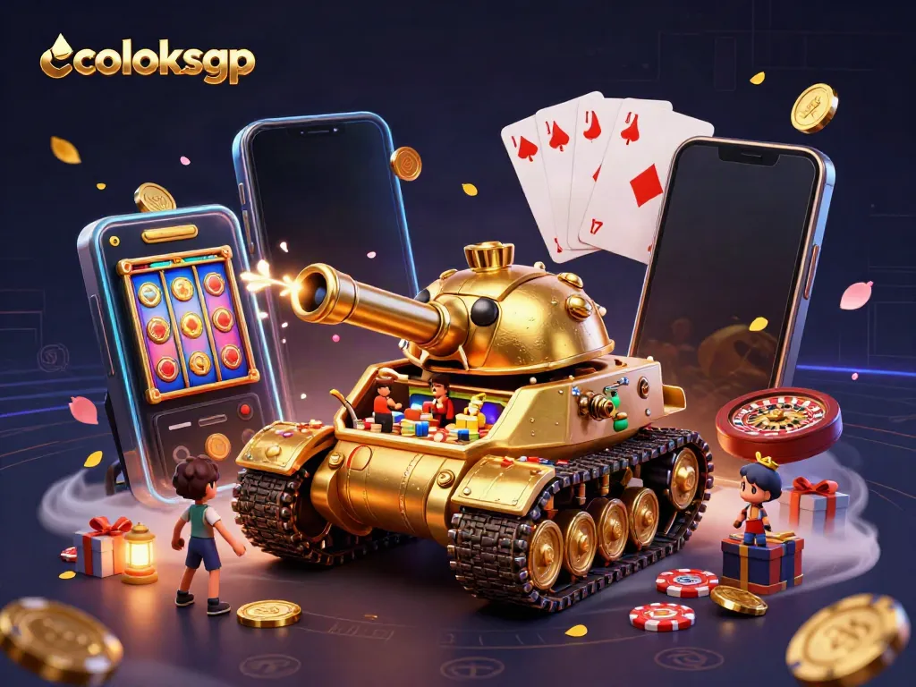 Permainan slot online di COLOKSGP menampilkan slot berputar dan koin emas terbang.