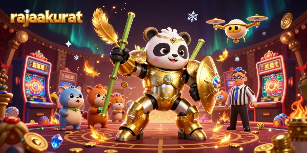 rajaakurat menghadirkan pengalaman kasino yang menarik dengan karakter panda emas dan robot bertemakan judi