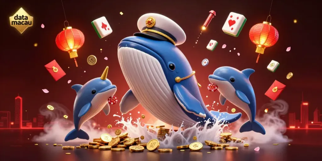 The dynamic scene showcases the vibrant elements of data macau, featuring a cartoon whale, narwhal, and dolphins among floating tiles, coins, and lanterns.
