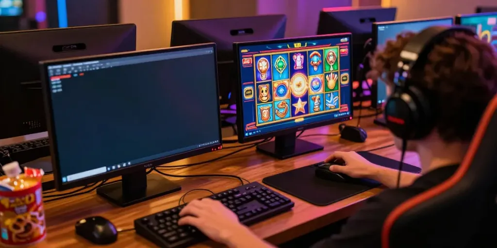Permainan slot online koitoto dengan pemain bersemangat di ruang gaming yang nyaman.
