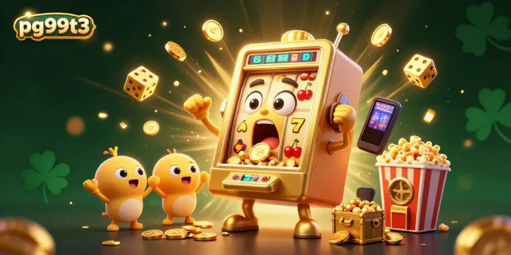 Experience the excitement of pg99t3 with a colorful 3D illustration of a jackpot-winning slot machine.